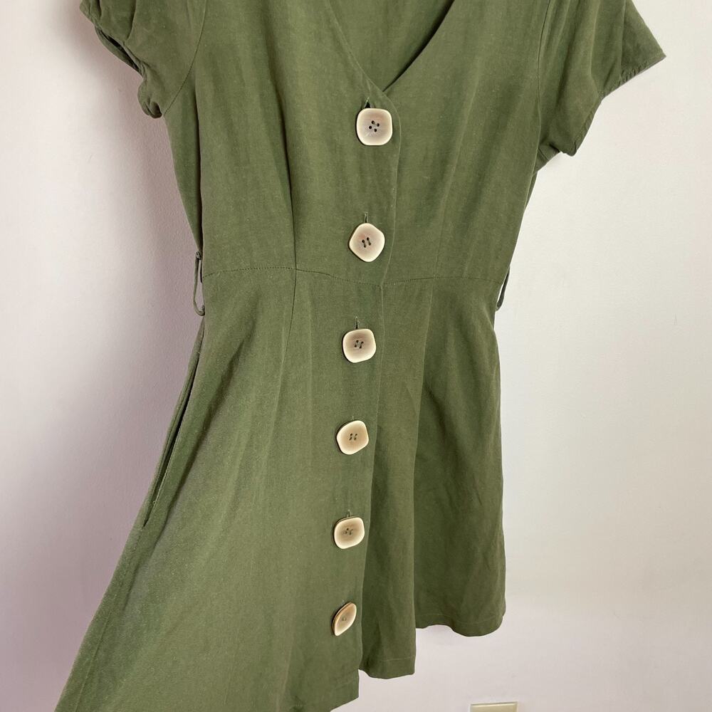Button Front V-Neck Dress Medium Green Minimalist Earthy Cottage Woodland Forest - Picture 2 of 9
